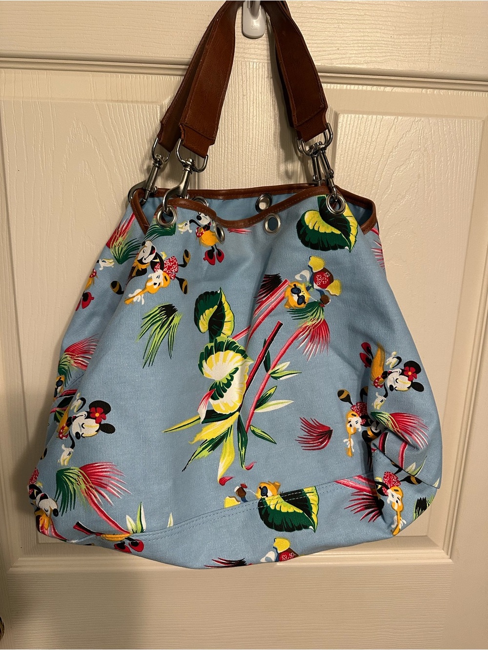 Disney Light Blue Tropical Floral Tote with Brown Handles
